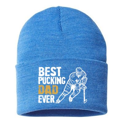 Best Pucking Dad Ever Retro Ice Hockey Coach On Father's Day Gift Sustainable Knit Beanie