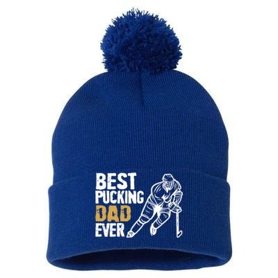 Best Pucking Dad Ever Retro Ice Hockey Coach On Father's Day Gift Pom Pom 12in Knit Beanie