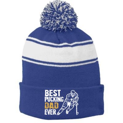 Best Pucking Dad Ever Retro Ice Hockey Coach On Father's Day Gift Stripe Pom Pom Beanie