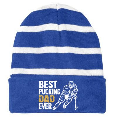 Best Pucking Dad Ever Retro Ice Hockey Coach On Father's Day Gift Striped Beanie with Solid Band