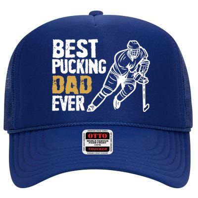 Best Pucking Dad Ever Retro Ice Hockey Coach On Father's Day Gift High Crown Mesh Back Trucker Hat