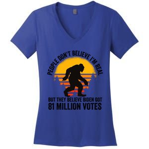 Bigfoot People DonT Believe IM Real But They Believe Biden Cool Gift Women's V-Neck T-Shirt