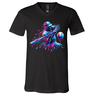 Baseball Player Drip Baseball Ice Cream Watercolor V-Neck T-Shirt