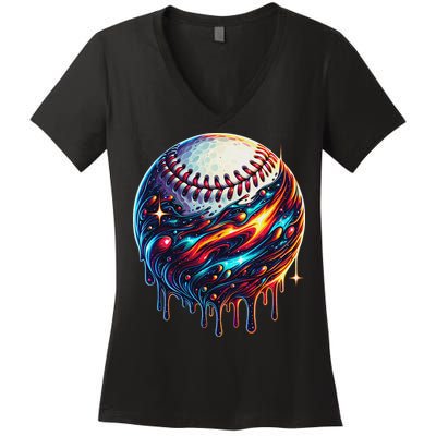 Baseball Planet Drip Baseball Drip Baseball Ice Cream Drip Women's V-Neck T-Shirt