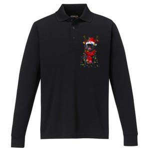 Black Pug Dog Tree Christmas Lights Xmas Pajama Performance Long Sleeve Polo