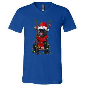 Black Pug Dog Tree Christmas Lights Xmas Pajama V-Neck T-Shirt