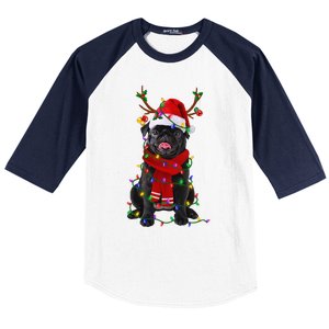 Black Pug Dog Tree Christmas Lights Xmas Pajama Baseball Sleeve Shirt