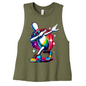 Bowling Pin Dabbing Sunglasses Bowler Player Women's Racerback Cropped Tank