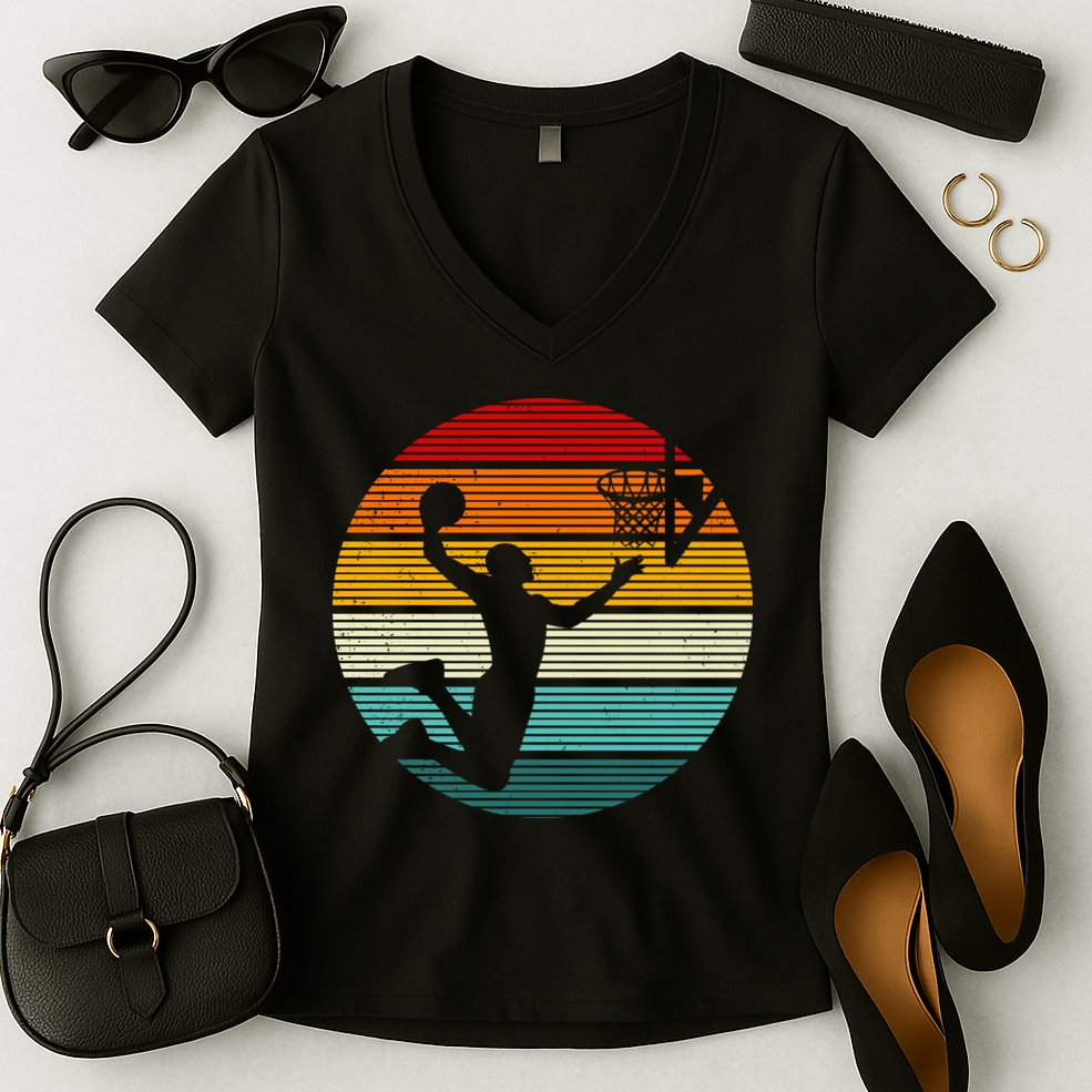 Basketball Player Dunk Retro Sunset Women's V-Neck T-Shirt