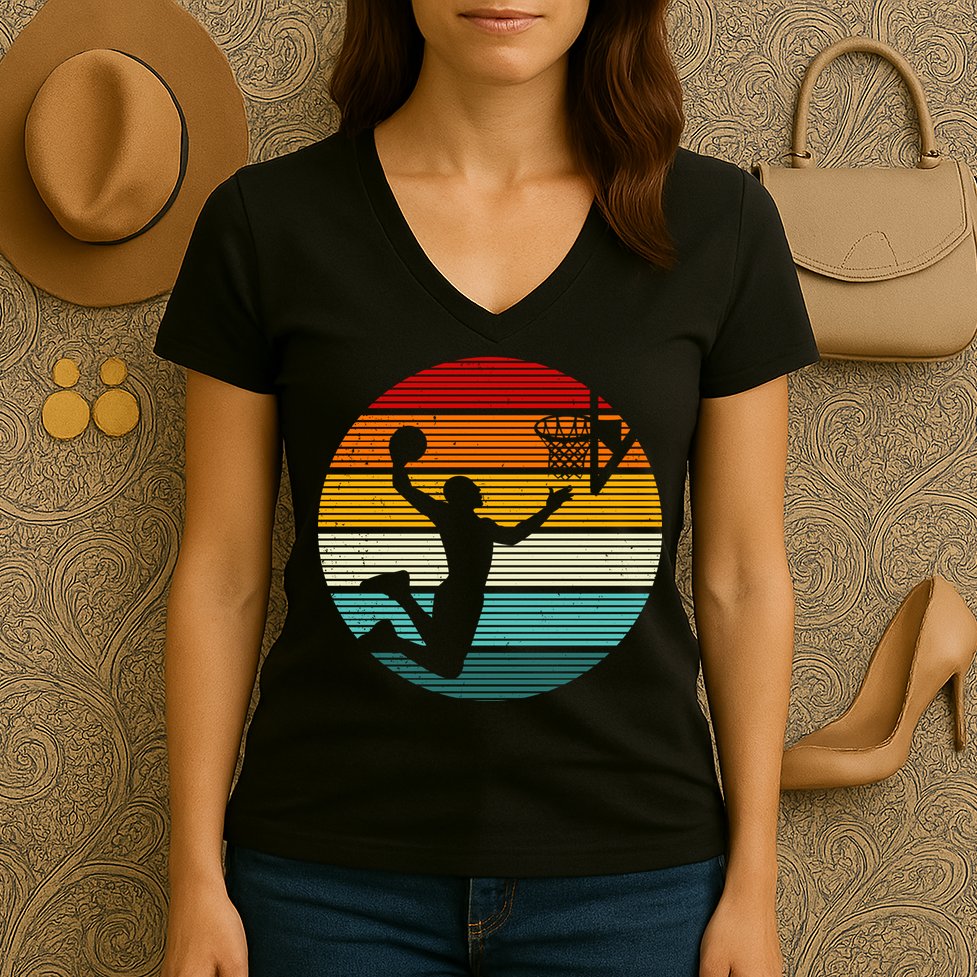Basketball Player Dunk Retro Sunset Women's V-Neck T-Shirt