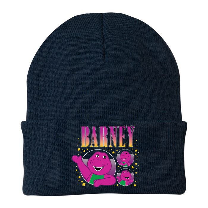 Barney Purple Dinosaur Character Grid With Gold Stars Knit Cap Winter Beanie