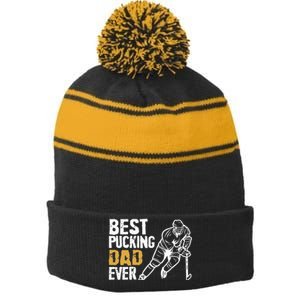 Best Pucking Dad Ever Retro Ice Hockey Coach On Fathers Day Stripe Pom Pom Beanie