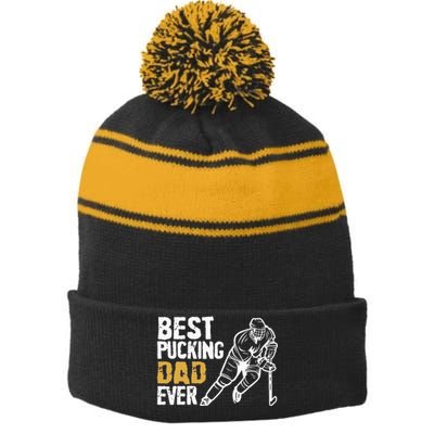 Best Pucking Dad Ever Retro Ice Hockey Coach On Fathers Day Stripe Pom Pom Beanie