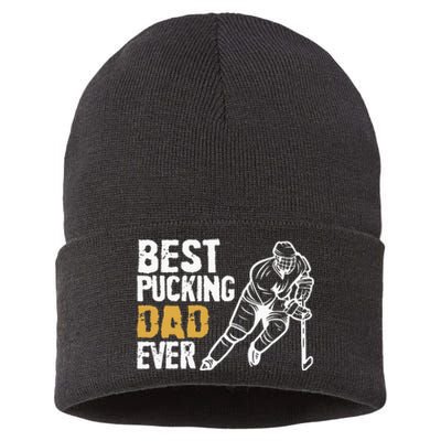 Best Pucking Dad Ever Retro Ice Hockey Coach On Fathers Day Sustainable Knit Beanie