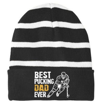 Best Pucking Dad Ever Retro Ice Hockey Coach On Fathers Day Striped Beanie with Solid Band