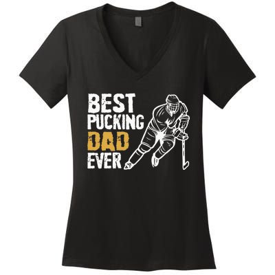 Best Pucking Dad Ever Retro Ice Hockey Coach On Fathers Day Women's V-Neck T-Shirt