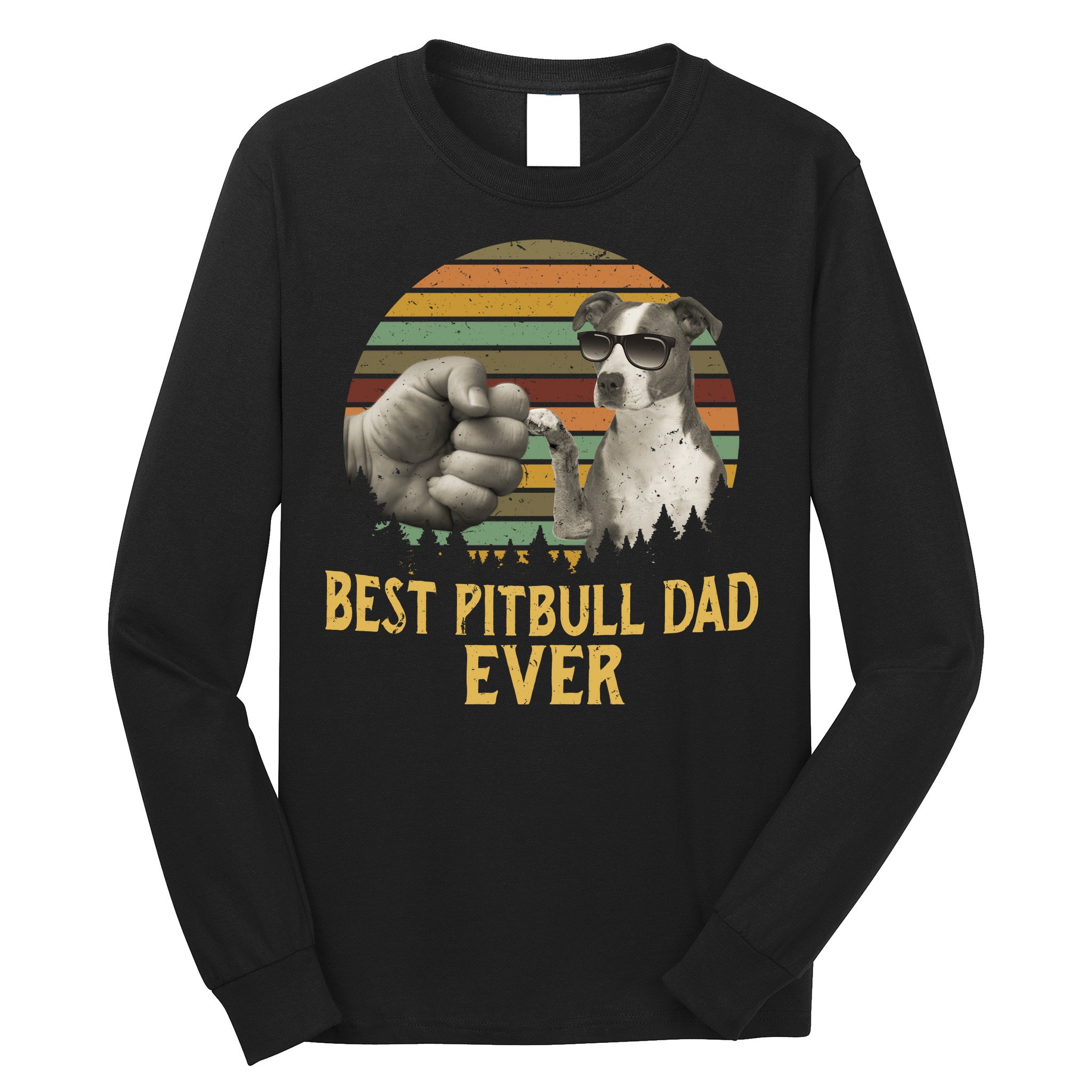 Best Pitbull Dad Ever Vintage Sunset Retro Long Sleeve Shirt
