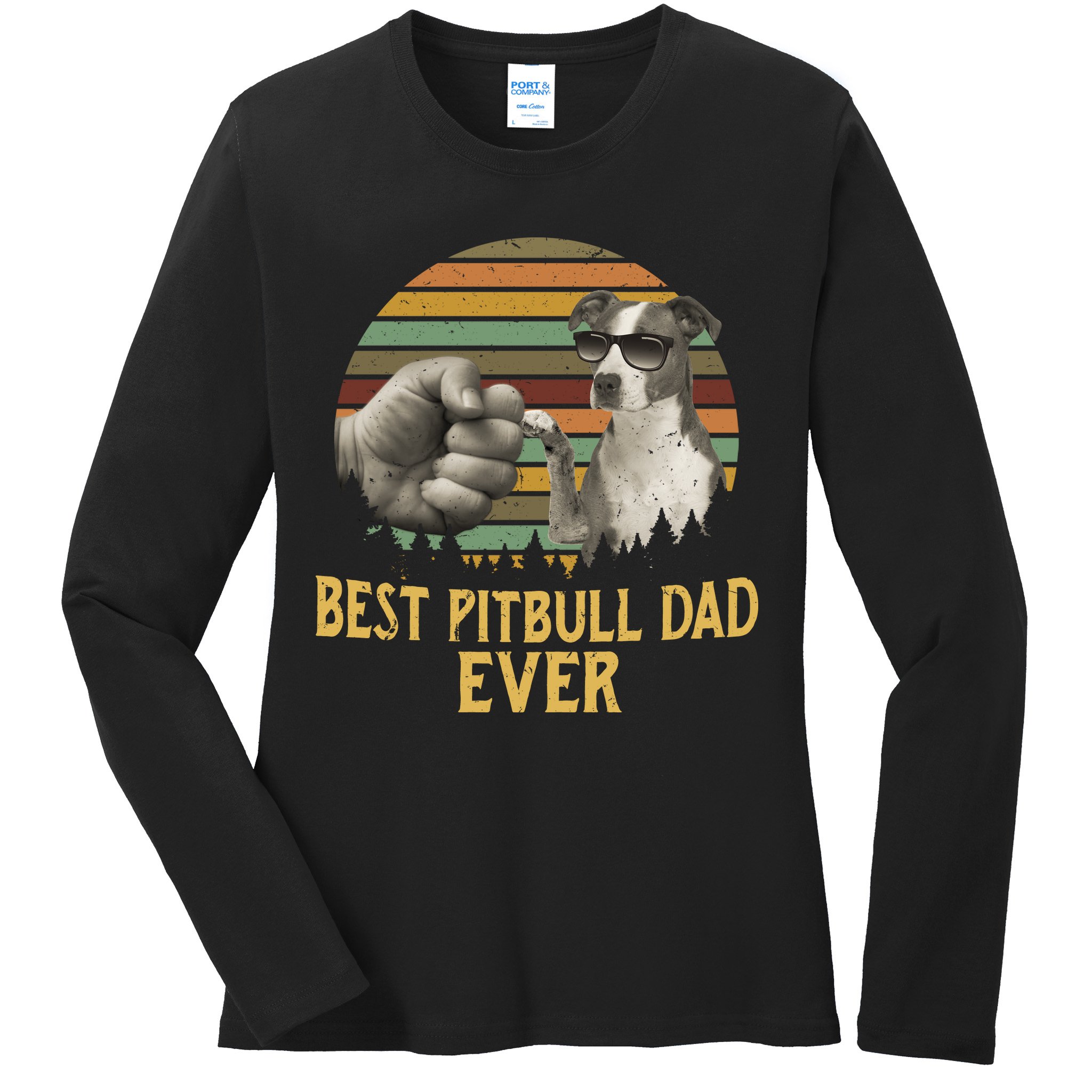 Best Pitbull Dad Ever Vintage Sunset Retro Ladies Long Sleeve Shirt