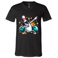 Bowling Pin Dabbing Sunglasses Bowler Player V-Neck T-Shirt