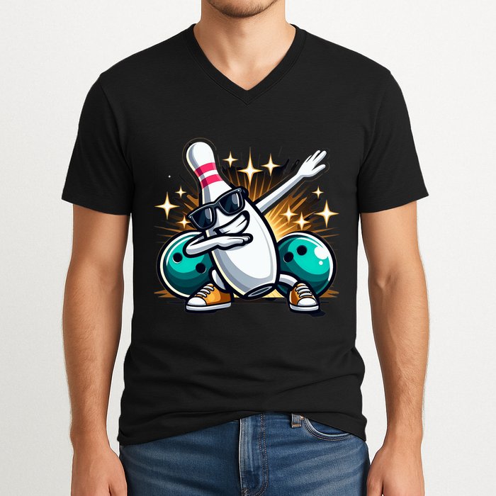 Bowling Pin Dabbing Sunglasses Bowler Player V-Neck T-Shirt