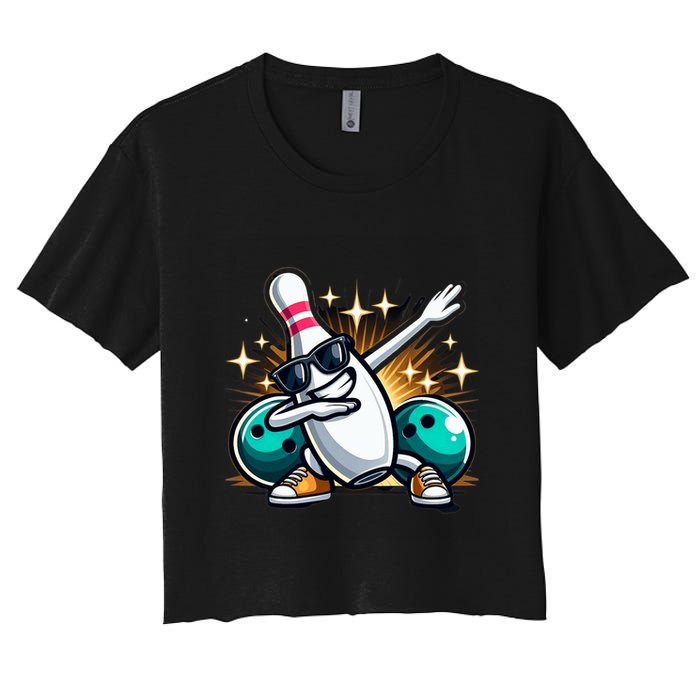 Bowling Pin Dabbing Sunglasses Bowler Player Women's Crop Top Tee