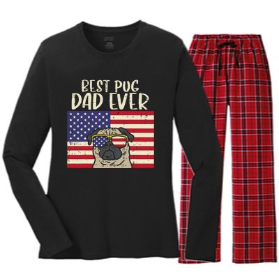 Best Pug Dad Ever US Flag Vintage Patriotic Pet Dog Gift Women's Long Sleeve Flannel Pajama Set 