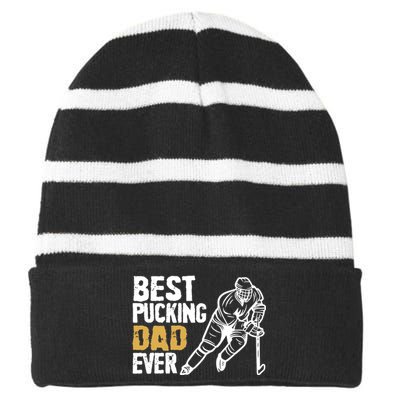 Best Pucking Dad Ever Retro Ice Hockey Coach On Father's Day Striped Beanie with Solid Band