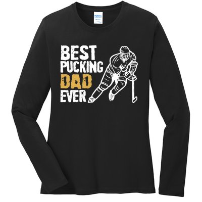 Best Pucking Dad Ever Retro Ice Hockey Coach On Father's Day Ladies Long Sleeve Shirt