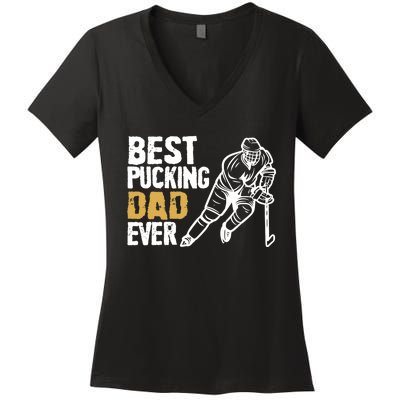 Best Pucking Dad Ever Retro Ice Hockey Coach On Father's Day Women's V-Neck T-Shirt