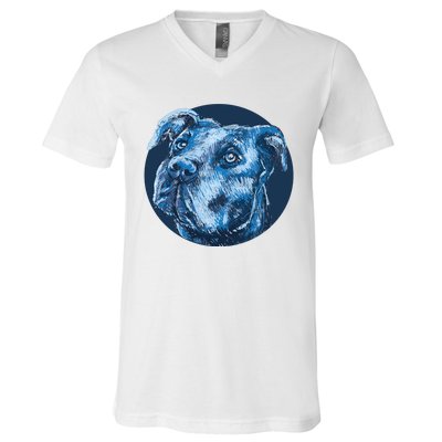 Blue Pitbull Dog Animal Portrait Cute V-Neck T-Shirt