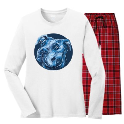 Blue Pitbull Dog Animal Portrait Cute Women's Long Sleeve Flannel Pajama Set 