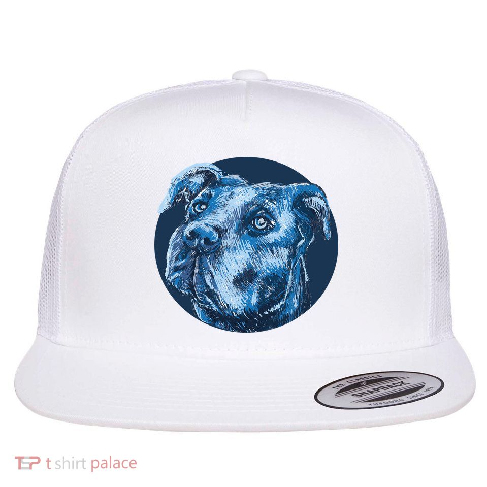Blue Pitbull Dog Animal Portrait Cute Flat Bill Trucker Hat