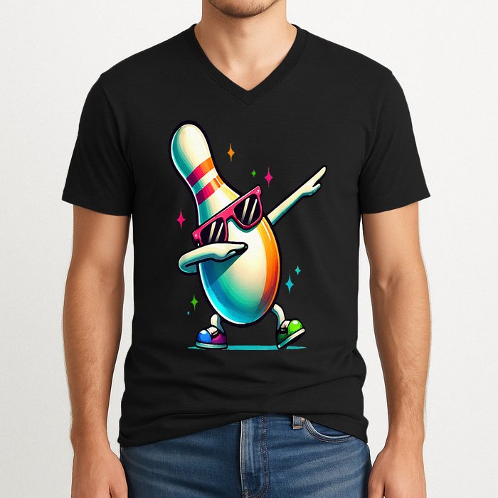 Bowling Pin Dabbing Sunglasses Bowler Player V-Neck T-Shirt