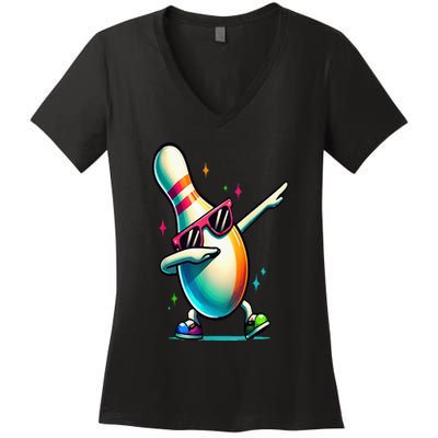 Bowling Pin Dabbing Sunglasses Bowler Player Women's V-Neck T-Shirt