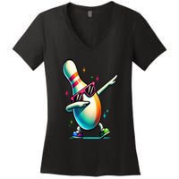 Bowling Pin Dabbing Sunglasses Bowler Player Women's V-Neck T-Shirt