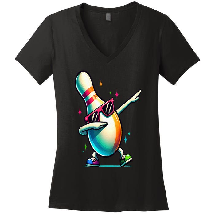 Bowling Pin Dabbing Sunglasses Bowler Player Women's V-Neck T-Shirt
