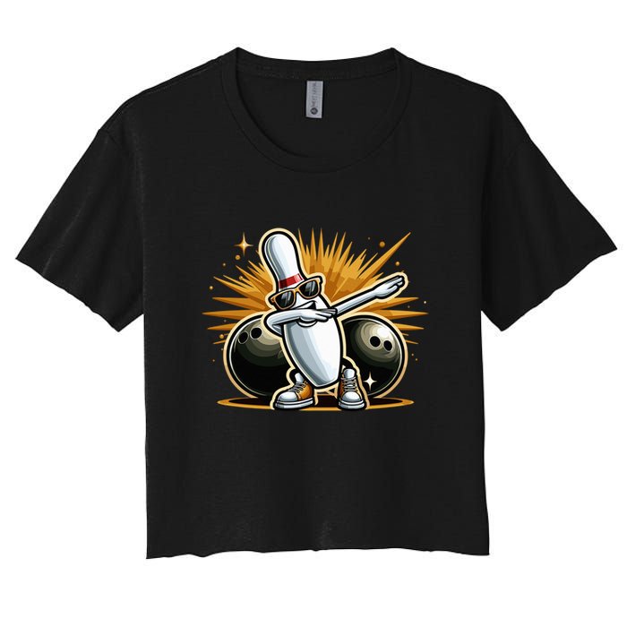 Bowling Pin Dabbing Sunglasses Bowler Player Women's Crop Top Tee