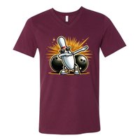 Bowling Pin Dabbing Sunglasses Bowler Player V-Neck T-Shirt