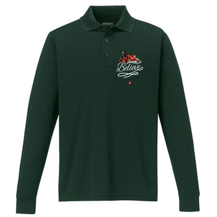 Believe Polar Express Christmas Holiday Train Performance Long Sleeve Polo