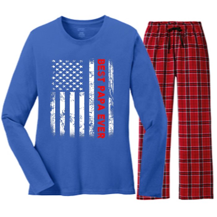 Best Papa Ever American Flag Funny Gift For Grandpa Fathers Day Gift Women's Long Sleeve Flannel Pajama Set 