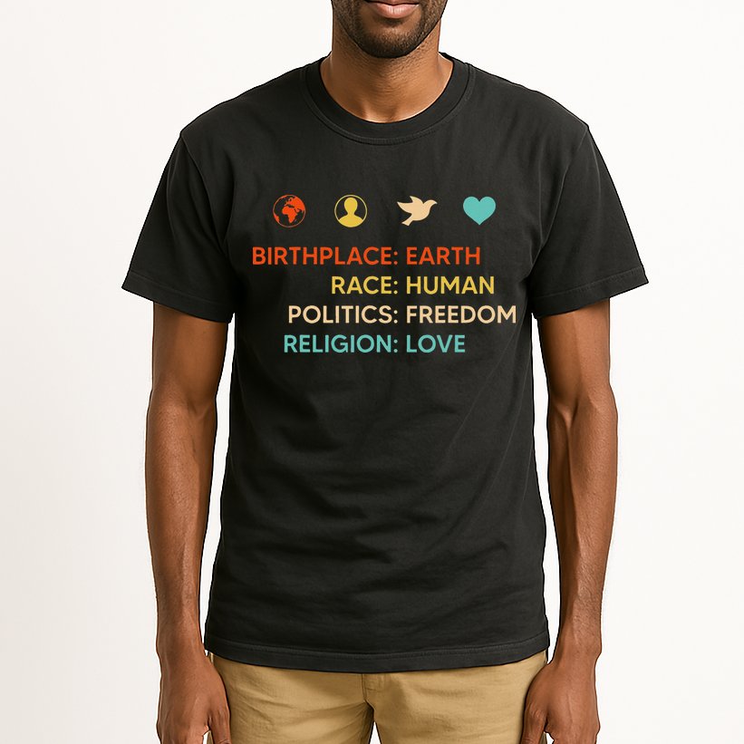 Birth Place Earth Race Human Politics Freedom Religion Love Tall T-Shirt