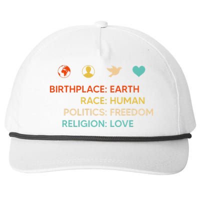 Birth Place Earth Race Human Politics Freedom Religion Love Snapback Five-Panel Rope Hat