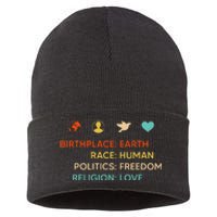 Birth Place Earth Race Human Politics Freedom Religion Love Sustainable Knit Beanie