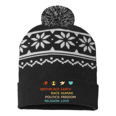 Birth Place Earth Race Human Politics Freedom Religion Love USA-Made Snowflake Beanie