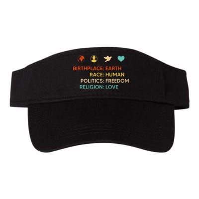 Birth Place Earth Race Human Politics Freedom Religion Love Valucap Bio-Washed Visor