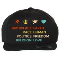 Birth Place Earth Race Human Politics Freedom Religion Love Wool Snapback Cap