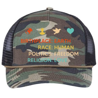 Birth Place Earth Race Human Politics Freedom Religion Love Retro Rope Trucker Hat Cap