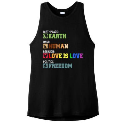 Birth Place Earth Race Human Politics Freedom Religion Love Ladies PosiCharge Tri-Blend Wicking Tank