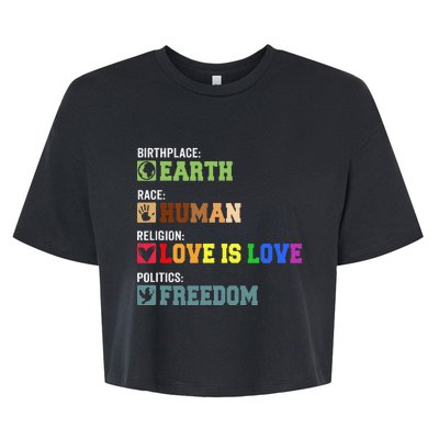 Birth Place Earth Race Human Politics Freedom Religion Love Bella+Canvas Jersey Crop Tee