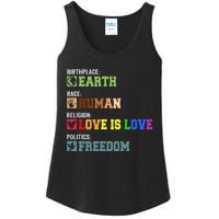 Birth Place Earth Race Human Politics Freedom Religion Love Ladies Essential Tank